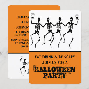 Invitation Squelette de danse drôle orange et noir Halloween