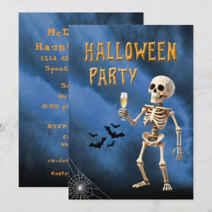 Invitation Squelette de fête d'Halloween avec du champagne