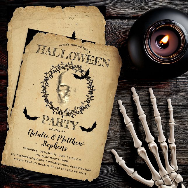 Invitation Squelette éffrayant et Fête d'Halloween de la cour (Spooky Skeleton and Bats Wreath Halloween Party Invitation - Print | Digital Download)