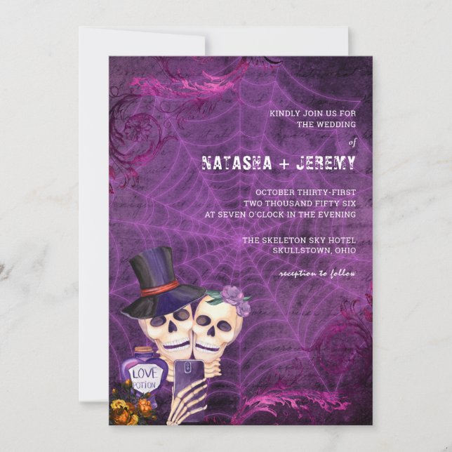 Invitation Squelette gothique noir violet Mariage d'Halloween (Devant)
