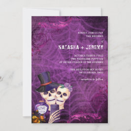 Invitation Squelette gothique noir violet Mariage d'Halloween
