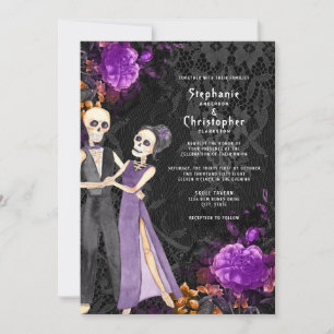 Invitation Squelette gothique Violet Floral Halloween Mariage