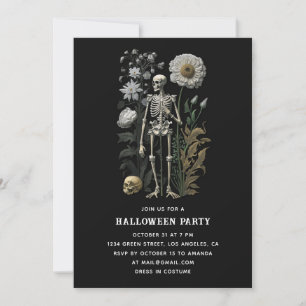 Invitation squelette noir vintage boho magique floral Hallowe