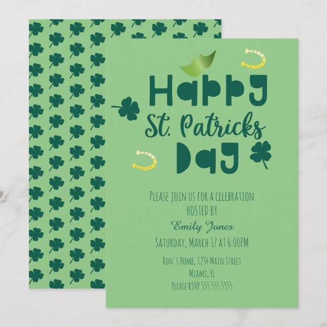 Invitation St Patrick Day Celebration Event Green Clover (Devant / Derrière)
