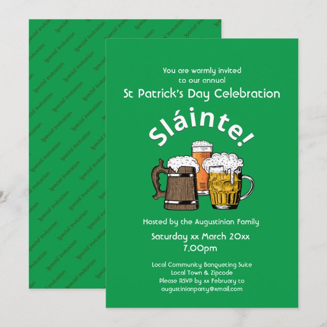 Invitation St Patrick' Day Sláinte Soirée de la bière et de l (Devant / Derrière)