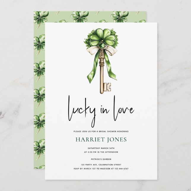 Invitation St Patrick’s Bridal Shower Gold Key & Clover (Devant / Derrière)