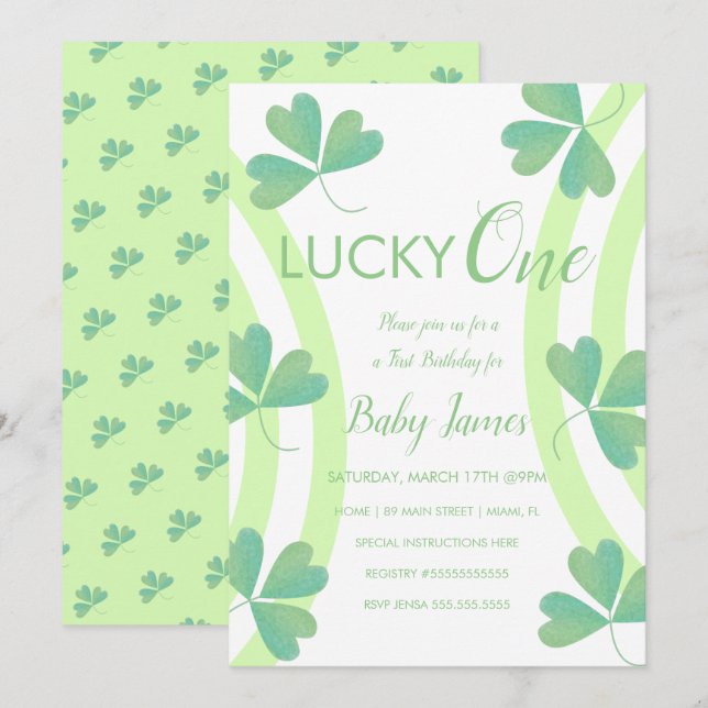 Invitation St. Patricks chanceux 1er anniversaire aquarelle C (Devant / Derrière)