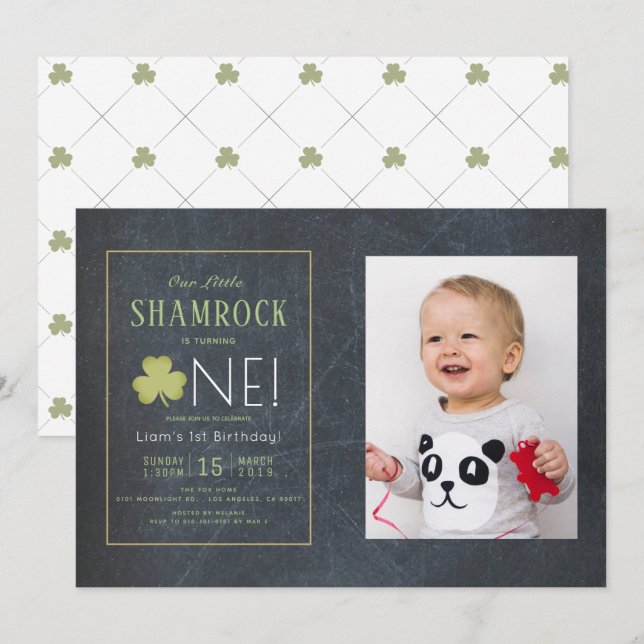 Invitation St. Patrick's Day Chalkboard Photo 1er anniversair (Devant / Derrière)