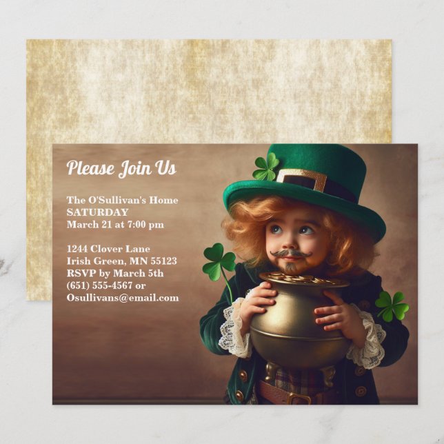 Invitation St Patrick's Day Party Irish Child Pot of Gold (Devant / Derrière)