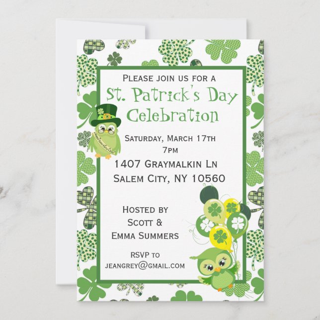 Invitation St. Patricks Day Party Shamrock Chouette verte (Devant)