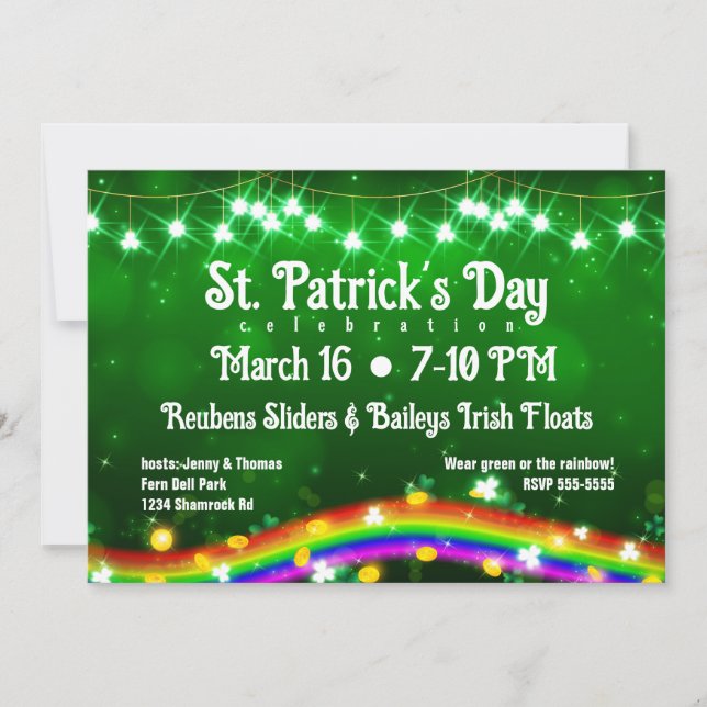 Invitation St. Patrick's Day Shiny Arc-en-ciel, Or, Shamrock (Devant)