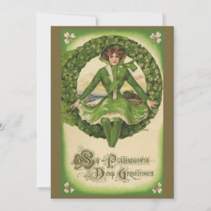 Invitation St. Patrick's Day vintage, Wreath with Irish Lass