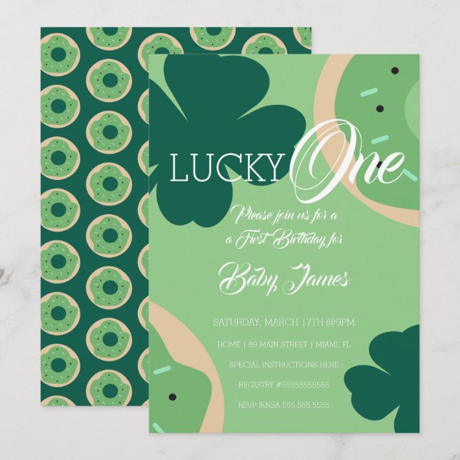 Invitation St. Patricks Lucky First Birthday Shamrock Donut (Devant / Derrière)
