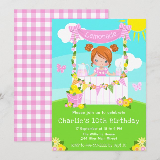 Invitation Stand de citronnade rose Anniversaire Fille des ch (Devant / Derrière)