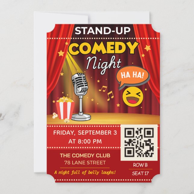 Invitation Stand-Up Comedy Night Ticket | QR Code Invite (Devant)
