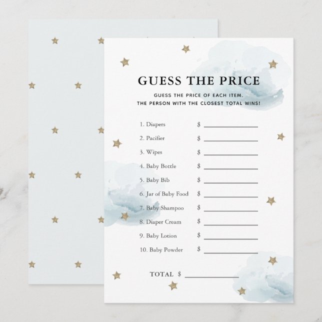 Invitation Star & Blue Cloud Guess the Price Baby shower Game (Devant / Derrière)