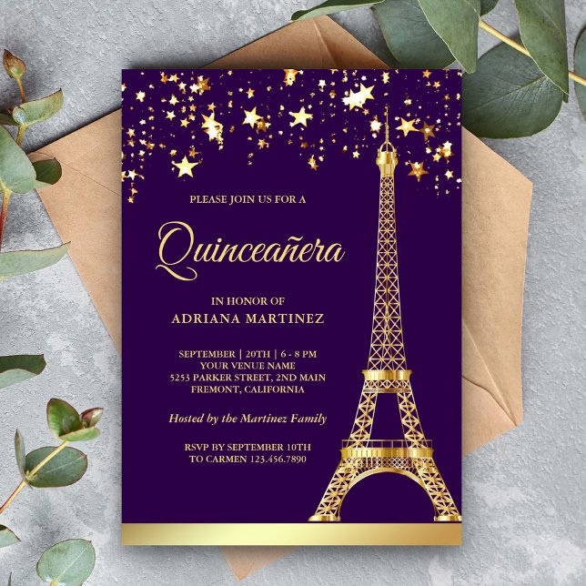 Invitation Star Confetti Gold Tour Eiffel Violet Quinceanera (Créateur téléchargé)
