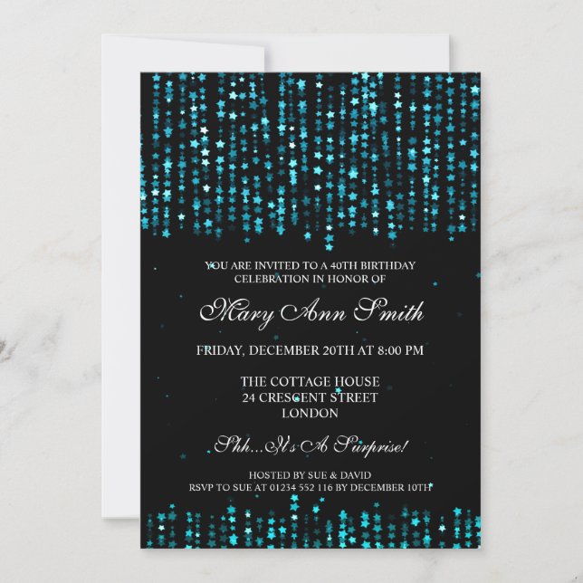 Invitation Star Confetti Turquoise du 40e anniversaire (Devant)