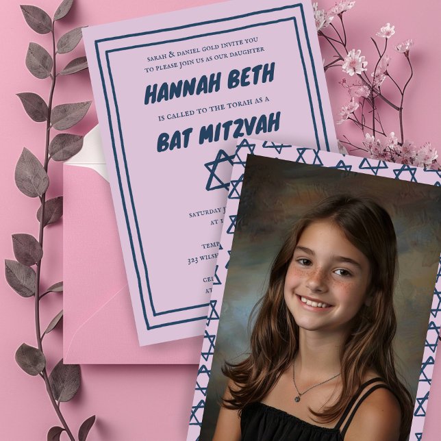 Invitation Star de David Photo personnalisée B'nai Bat Bar Mi (Star of David Custom Photo B'nai Bat Bar Mitzvah Invitation
Pink Simple Minimalist)