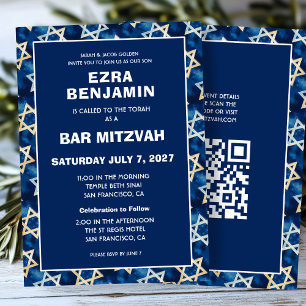 Invitation Star de David Watercolor Custom QR Bar Bat mitzvah