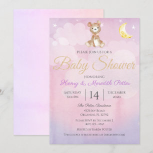 Invitation Star et Lune Teddy Bear Purple Girls Baby shower
