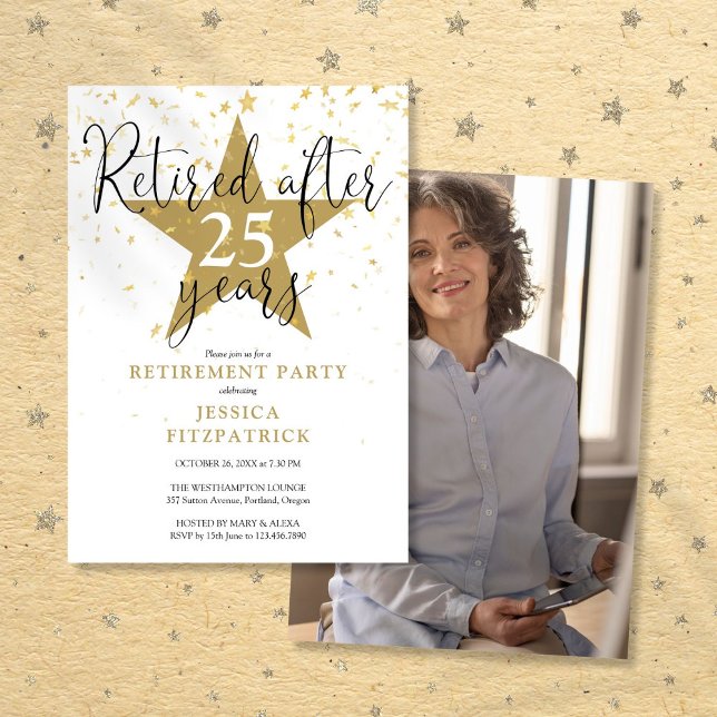 Invitation Star Gold moderne Photo Retraite Party (Modern Gold Stars Photo Retirement Party Invitation)