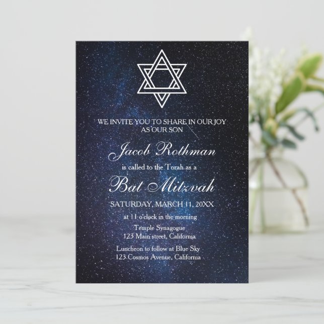 Invitation Star of David Elegant Simple Bat mitzvah bleu (Debout devant)