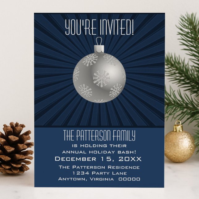 Invitation Starburst Stripes Ornement Fête Fête Bleu foncé (Blue Starburst Stripes Ornament Holiday Party Invitation)