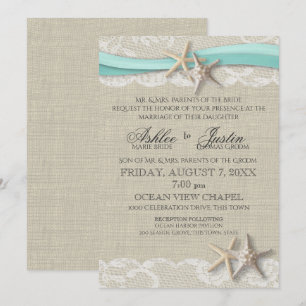 Invitation Starfish and Lace Rustic Beach Aqua Mariage
