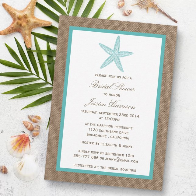 Invitation Starfish Beach Burlap Fête des mariées Turquoise (Créateur téléchargé)