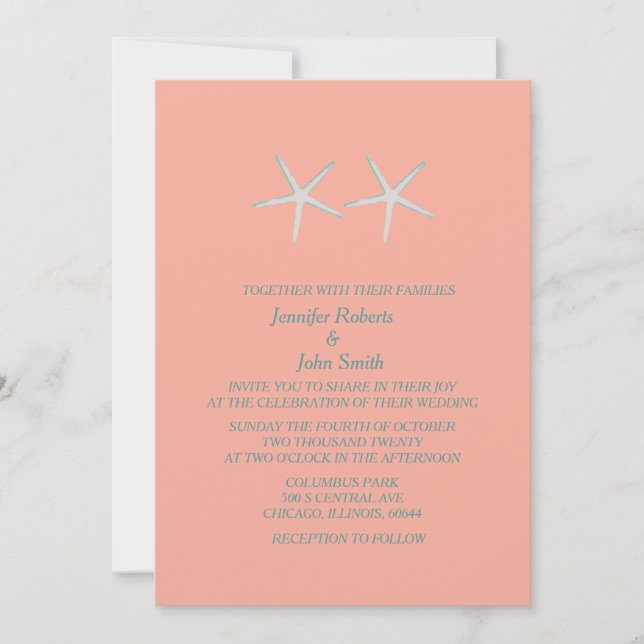 Invitation Starfish Coral Orange Mariage nautique Kraft (Devant)