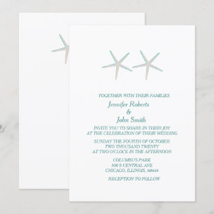 Invitation Starfish Gris Turquoise Blanc Élégant Mariage naut