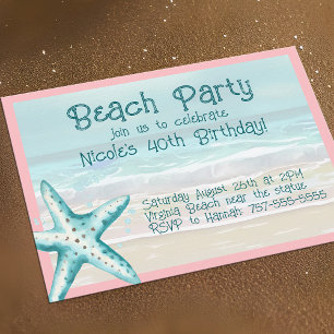 Invitation Starfish Ocean Beach Party Aqua & Pink Watercolor