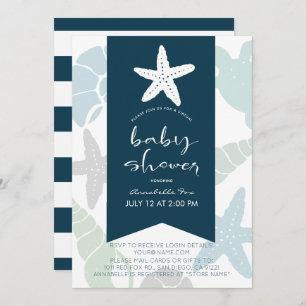 Invitation Starfish & Seashells Baby shower virtuel bleu mari