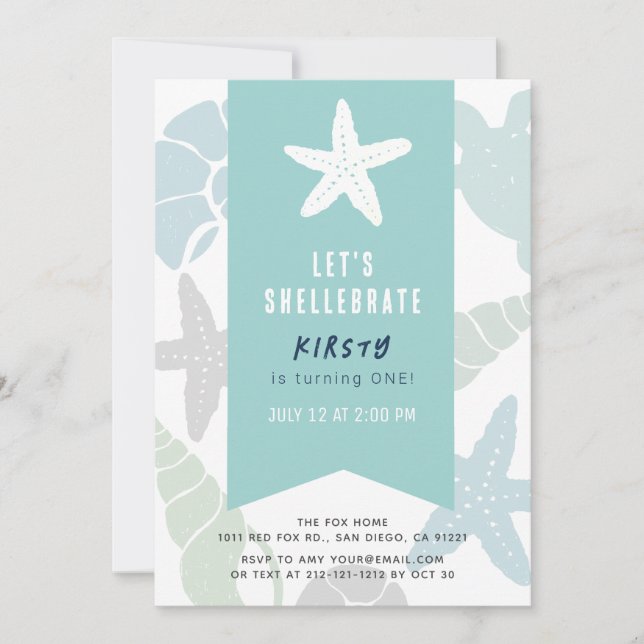 Invitation Starfish & Seashells Turquoise Bleu 1er anniversai (Devant)