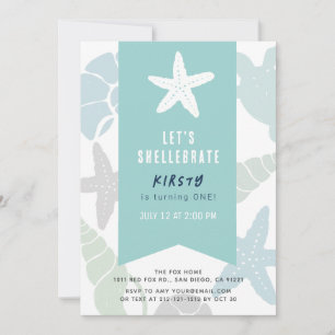 Invitation Starfish & Seashells Turquoise Bleu 1er anniversai
