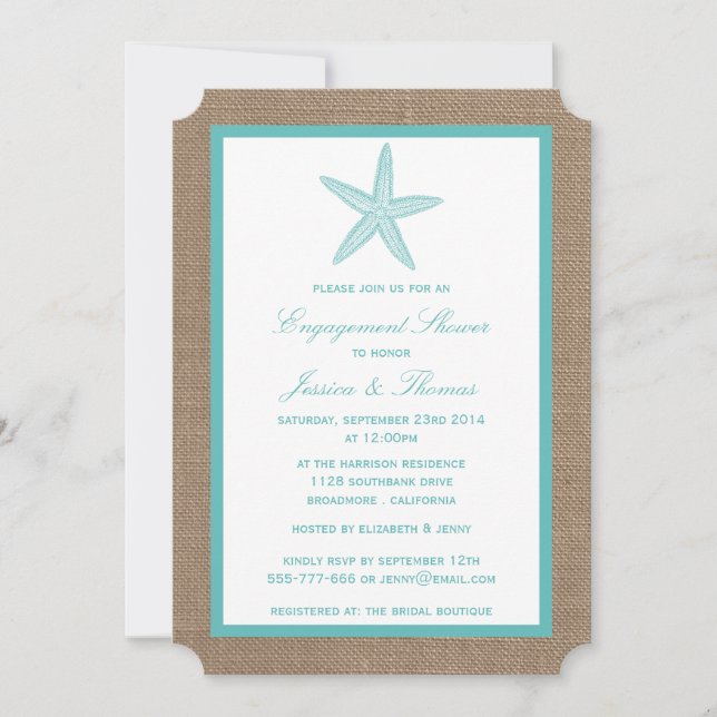 Invitation Starfish Turquoise Burlap Beach Fiançailles douche (Devant)