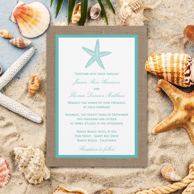 Invitation Starfish Turquoise Burlap Beach Wedding Collection (Créateur téléchargé)