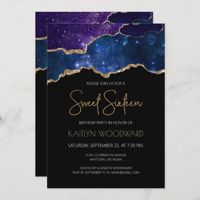 Invitation Starry Gold Agate Geode Sweet 16 Anniversaire (Devant / Derrière)