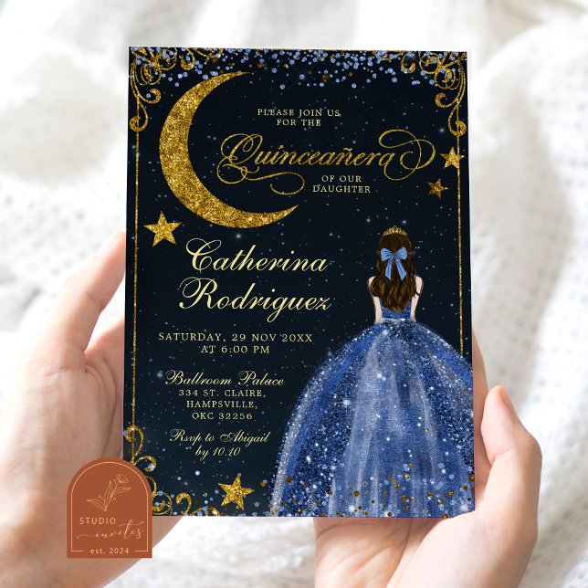 Invitation Starry Night Gold and Dark Blue Quinceanera (Créateur téléchargé)