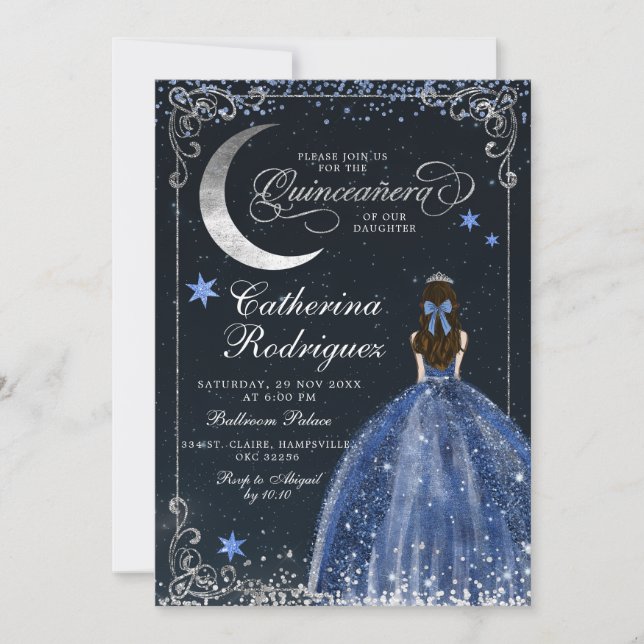 Invitation Starry Night Silver et Dark Blue Quinceanera (Devant)