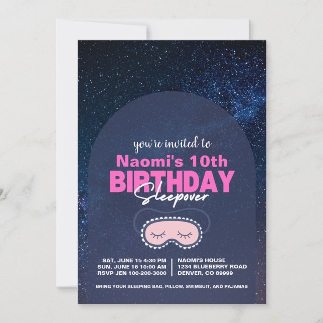 Invitation Starry Sky et Pink Anniversaire Sleepover Invitati (Devant)