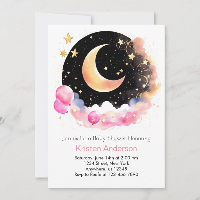Invitation Starry Space Adventure Baby shower fille rose (Devant)