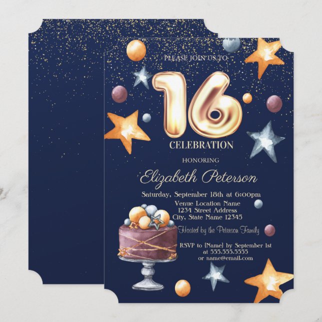 Invitation Stars Cake Confetti Sweet 16 Party (Devant / Derrière)