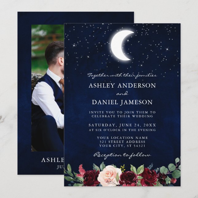 Invitation Stars de lune Mariage céleste Photo florale (Devant / Derrière)