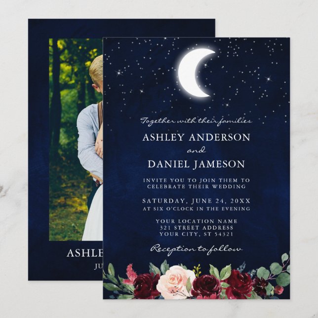 Invitation Stars de lune Mariage céleste Photo florale (Devant / Derrière)