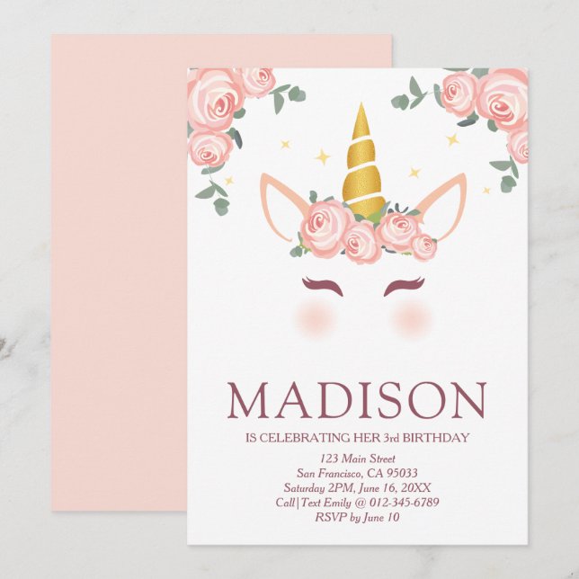 Invitation Stars et fleurs étincelantes Unicorn Anniversaire (Devant / Derrière)