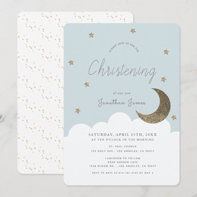 Invitation Stars & Lune Baby Blue Boy Christening (Devant / Derrière)