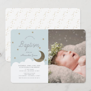 Invitation Stars & Moon Baby Blue Boy Photo Baptême