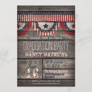Invitation Stars & Stripes sur Rustic Wood Graduation Party